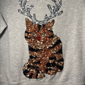Gray Sweatshirt with Sequin Cat with antlers Design size XS
